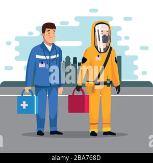 personnel de nettoyage pour risques biologiques avec ambulanciers paramédicaux de la ville Illustration de Vecteur