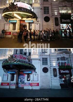 Photos composites de détenteurs de billets pour Comedy sur un vol bancaire en ligne en dehors du critère Theatre, Londres le 12/03/20 (haut), et le théâtre le mardi 24/03/20 (bas), le jour après que le premier ministre Boris Johnson a mis le Royaume-Uni en position de verrouillage pour aider à freiner la propagation du coronavirus. Banque D'Images