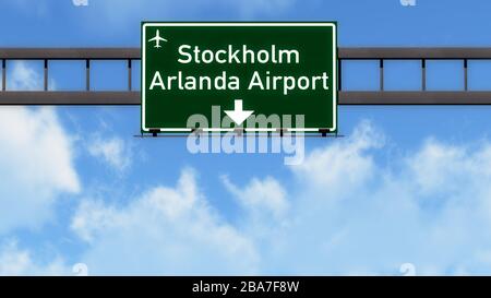 Stockholm Arlanda Suède Airport Highway Road Sign 3D Illustration Banque D'Images