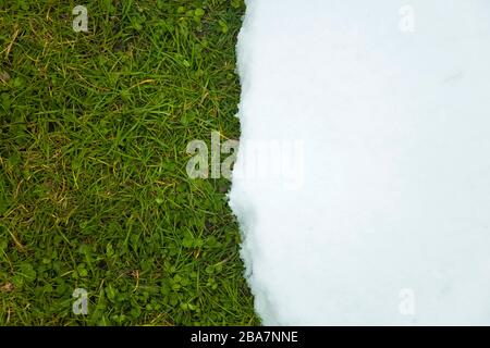 La fonte de la neige sur l'herbe verte se rapproche comme entre l'hiver et le printemps Banque D'Images