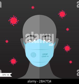 Covid-19 masque de virus Corona sur le modèle de visage de l'homme entouré de virus. Arrêter l'illustration vectorielle Covid-19. Illustration de Vecteur