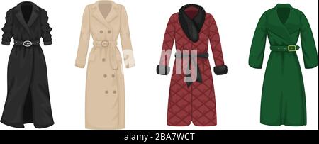 Ensemble de vêtements de dessus à vecteur plat pour femme. Trench coat, imperméable, pardessus, manteau matelassé. Illustration de Vecteur