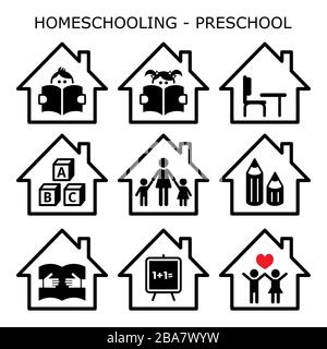 Homeschooling - des icônes vectorielles d'âge préscolaire sont définies, la conception de l'éducation préscolaire à la maison pour les jeunes enfants, l'apprentissage des enfants de jardin d'enfants tout en restant à la maison concept Illustration de Vecteur