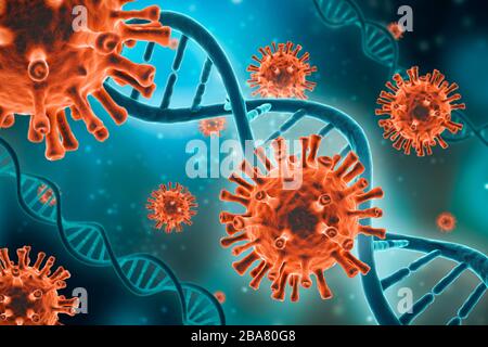 Cellules microscopiques du virus rouge et brins d'ADN sur une illustration de rendu en relief bleu vert. Microbiologie, virologie, médecine, épidémiologie, biol Banque D'Images