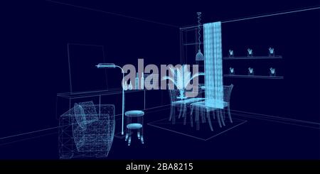 Image filaire de l'intérieur à partir de lignes bleues sur fond sombre. Séjour avec fauteuil, table et fleurs. Afficher la perspective. 3D. Vecteur Illustration de Vecteur