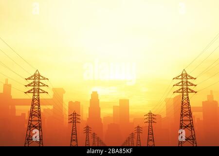 Les poteaux électriques haute tension et une immense métropole de smog dans le coucher du soleil lever du soleil illustration illustrations 3D Banque D'Images