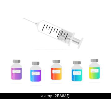Seringues, injections et flacons. Vaccin, médical, concept de maladie épidémique, illustration vectorielle isolée Illustration de Vecteur