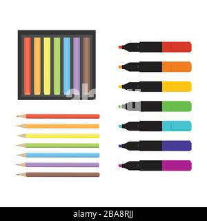 Collection d'outils d'art. Marqueurs, crayons de couleur, surligneurs et crayons. Vecteur de papeterie Illustration de Vecteur