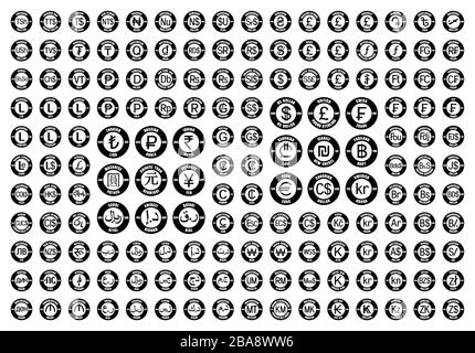Ensemble complet d'icônes de devise mondiale. Nouveaux symboles monétaires internationaux avec codes et abréviations ISO 4217. Panneaux ronds plats vectoriels noirs isolés sur Illustration de Vecteur