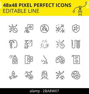 Icônes mises à l'échelle de Coronavirus part-1, Covid-19. Comprend les germes, les virus, le lavage des mains, l'antiseptique, etc. Pixel Perfect 48 x 48, ensemble à échelle. Vecteur. Illustration de Vecteur