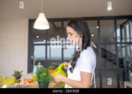 Brunette belle femme arrosant des fleurs dans ses mains Banque D'Images