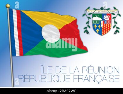 Drapeau national non officiel de la Réunion et armoiries, territoire français, illustration vectorielle Illustration de Vecteur