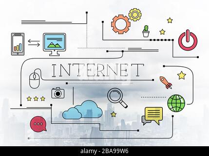 Connexion Internet avec signes médias croquis Banque D'Images