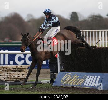 Menorah monté par Richard Johnson saute la dernière clôture pour gagner le William Hill Levy Board Peterborough Steeple Chase. Banque D'Images