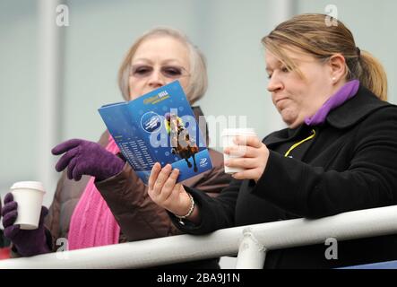 Les amateurs de course étudient le formulaire sur un balcon à l'hippodrome de Kempton Park Banque D'Images