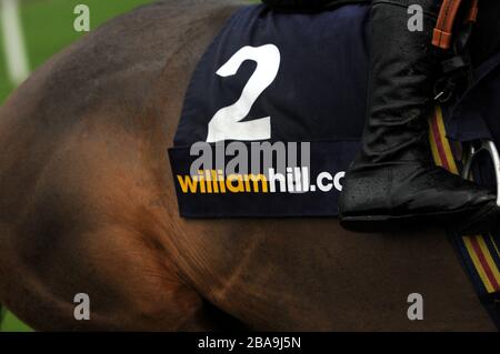 Détail de la signalisation de William Hill sur les chiffons de selle des coureurs et des coureurs de l'hippodrome de Kempton Park Banque D'Images