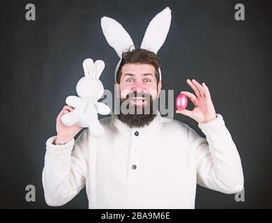 Fête du printemps. Heureux homme avec des oreilles de lapin tenant le jouet de lapin et l'oeuf. Homme barbu en costume de lapin avec oeuf de pâques et jouet de lièvre. Printemps, nouvelle vie et fertilité. Un lapin de Pâques arrive. Banque D'Images