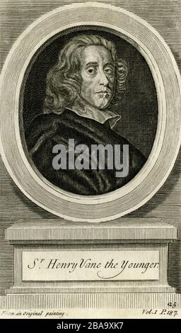 Sir Henry Vane le jeune (1613-1662), allié d'Oliver Cromwell pendant les guerres civiles anglaises et défenseur de la tolérance religieuse. Condamné pour trahison et décapité à Tower Hill en 1662 après la restauration du roi Charles II Gravure créée en 1700s pour «Histoire de la Grande rébellion» par Edward Ward et réutilisée dans les éditions ultérieures de «Histoire de la rébellion et des guerres civiles en Angleterre» par Edward Hyde, 1st comte de Clarendon. Banque D'Images