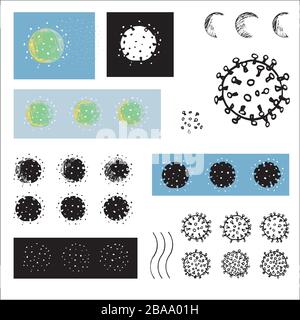 Kit d'illustration du virus corona abstrait vectoriel dessiné à la main avec germe irrégulier dessiné à la main. Graphisme, design moderne, santé, infographie, conditionnement. Illustration de Vecteur