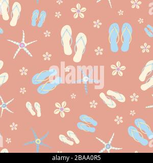 Arrière-plan à motif vectoriel transparent pour chaussures à bascule. Sandales élégantes, étoiles de mer, coquille de cowrie en toile de fond rose corail et bleu pastel. Impression complète pour Illustration de Vecteur