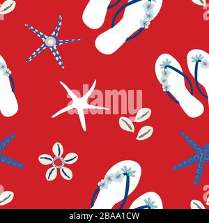 Fond de motif vectoriel transparent pour chaussure flop à bascule nautique. Sandales élégantes, étoiles de mer, coquille de cowrie toile de fond. Rouge vif, blanc et bleu. Partout Illustration de Vecteur