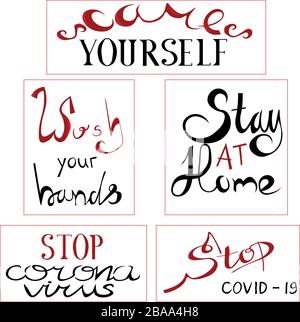 Coronavirus. Mesures préventives. Plaques avec texte. Lettrage. Calligraphie artificielle et antique. Illustration de Vecteur
