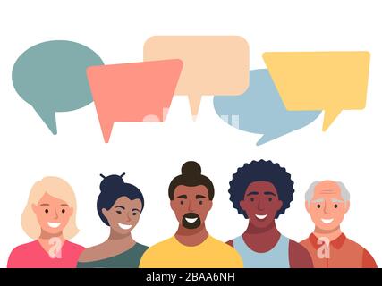 Les gens avatars avec des bulles de spaces. Communication entre hommes et femmes, lacustre de discussion. Collègues, équipe, réflexion, question, idée, réfléchir au concept. Illustration de Vecteur