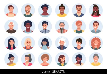 Ensemble de personnes, avatars, chefs de personnes de différentes origines ethniques et d'âge dans un style plat. Réseaux sociaux multinationaux les gens sont confrontés à la collecte. Illustration de Vecteur