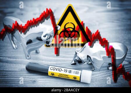PHOTOMONTAGE, symboles du marché boursier bull et ours avec la biologie signe danger et courbe de cap de naufrage, photo symbolique pour les fluctuations du marché boursier d'ici TH Banque D'Images