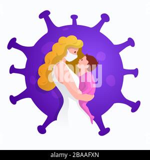 La mère et son enfant portent des masques pour prévenir l'épidémie de coronavirus COVID-19. Illustration de Vecteur