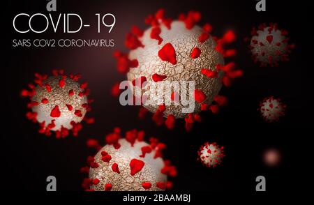 Coronavirus COVID 19 Illustration tridimensionnelle avec pointes de protéines rouges et fond sombre. Maladie du Coronavirus du SRAS. Banque D'Images