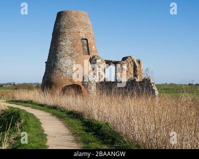 Ruines d'un moulin à vent construit dans les ruines de la porte d'entrée de l'abbaye de St Bennett, Ludham, le Norfolk Broads, Norfolk, Royaume-Uni Banque D'Images