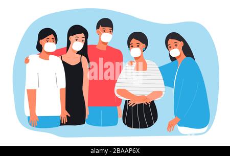 Les gens portent un masque chirurgical. Cinq amis se soutiennent et demandent de mettre un masque médical pour prévenir le virus Illustration de Vecteur