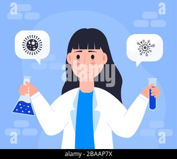 Femme scientifique en laboratoire. Fille en manteau blanc, chercheur chimique tient tube. Vecteur de concept virologue. Le microbiologiste crée un vaccin dans Illustration de Vecteur