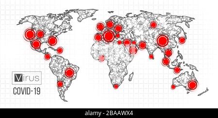 Carte du monde roman pandémique coronavirus COVID-2019. Épidémie étendue par pays sur un fond blanc. Analyse et étude d'un nouveau virus. L'invention de Illustration de Vecteur