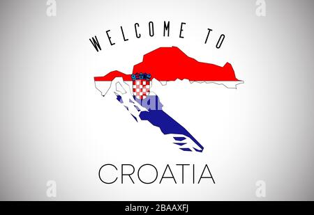 Croatie Bienvenue sur le texte et le drapeau du pays à l'intérieur de la carte des frontières du pays. Croatie carte avec drapeau national Vector Design Illustration. Illustration de Vecteur