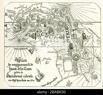 Nous avons montré ici comment l’Afrique était censée être façonnée après les expéditions de Vasco Da Gama. Cette carte est une section de la carte de Juan de la Cosa en 1500. Juan de la Cosa était un navigateur castillan et cartographe, connu pour la conception de la première carte du monde européen qui a incorporé les territoires des Amériques qui ont été découverts au XVe siècle. Vasco da Gama était un explorateur portugais et le premier européen à atteindre l'Inde par la mer. Son premier voyage en Inde a été le premier à relier l'Europe et l'Asie par une route maritime, reliant l'Atlantique et les océans indiens et donc l'Ouest et l'Orie Banque D'Images