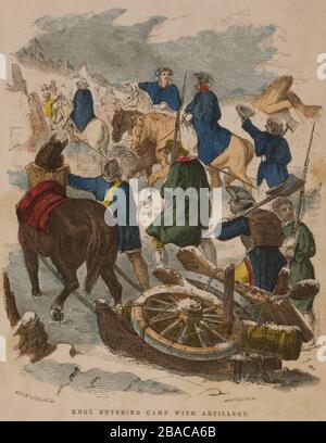 Révolution américaine. Le général Henry Knox arrive à Boston avec 59 canons et mortiers de fort Ticonderoga le 25 janvier 1776. Les chevaux et 80 yoke ox traînaient 42 traîneaux d'artillerie sur les lacs gelés et sur les montagnes en trois mois (BSLOC 2019 3 94)