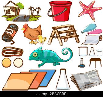 Grand ensemble d'animaux et d'autres objets sur fond blanc illustration Illustration de Vecteur