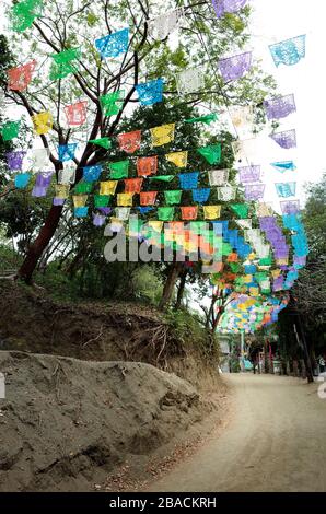 Le papel picado mexicain coloré pend sur la route de terre qui mène à Playa Los Muertos près de Sayulita, Nayarit, Mexique. Banque D'Images