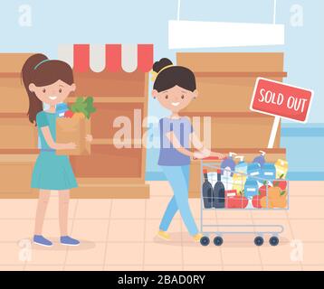 femmes avec panier et sac en papier alimentaire vendu étagères hoarding excès achat illustration vectorielle Illustration de Vecteur