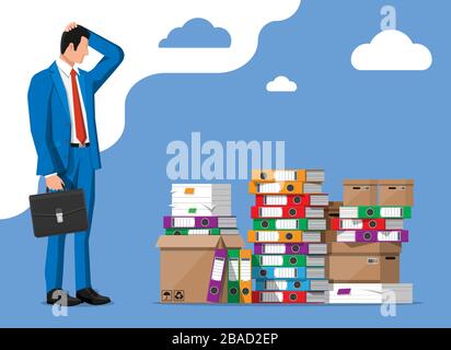 Homme d'affaires et pile de dossiers, documents de bureau. Illustration de Vecteur