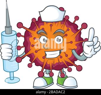 Une infirmière agréable de style mascotte syndrome de la VID19 à l'aide d'une seringue Illustration de Vecteur