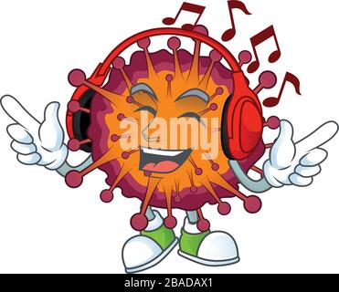 Motif mascotte de dessin animé du syndrome de la VID19 en profitant de la musique Illustration de Vecteur