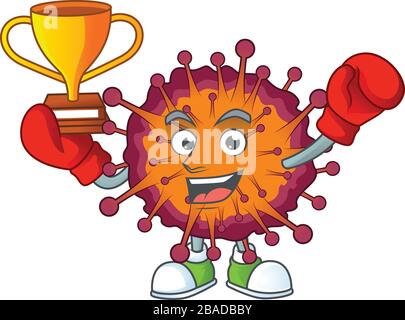 Heureux visage du vainqueur de boxe COVID19 syndrome dans le style de design de mascotte Illustration de Vecteur