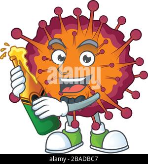 Dessin animé de mascotte du syndrome de la VID19 avec bouteille de bière Illustration de Vecteur