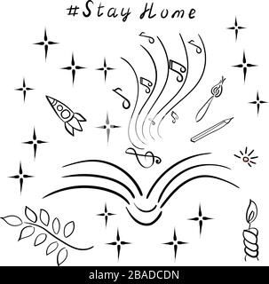 Livre ouvert. Concept de lecture, fantaisie, éducation. Espace, musique, nature. Affiche de coronavirus. Restez à la maison, restez en sécurité Illustration de Vecteur