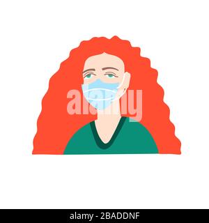 femme avec des cheveux rouge vif dans un masque médical Illustration de Vecteur