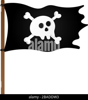 Drapeau pirate avec Jolly Rogeras crâne et croisant des os conception plate illustration vectorielle isolée sur fond blanc. Illustration de Vecteur