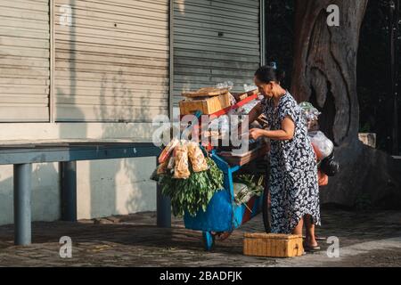 Bogor / Indonésie - 02052020 : 'Tukang Sayur Keliling' est un vendeur de produits alimentaires et de légumes frais qui vend leurs produits en voiturette et se promener dans le village. Banque D'Images